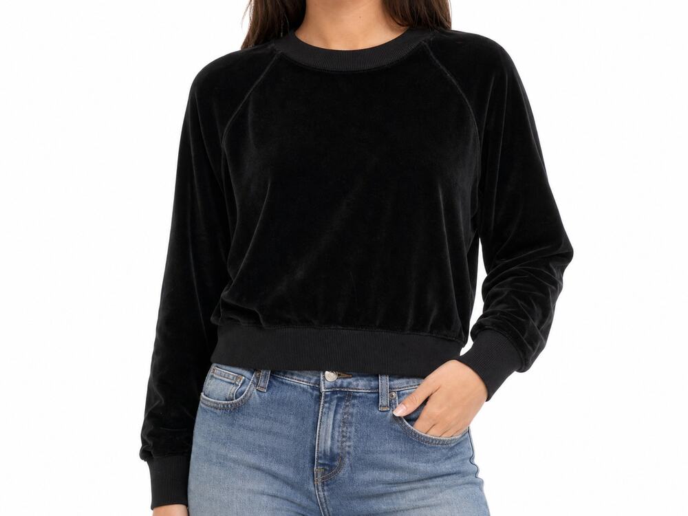 Good American Women Black Velour Crewneck Sweatshirt Size 1 (Small) Athleisure